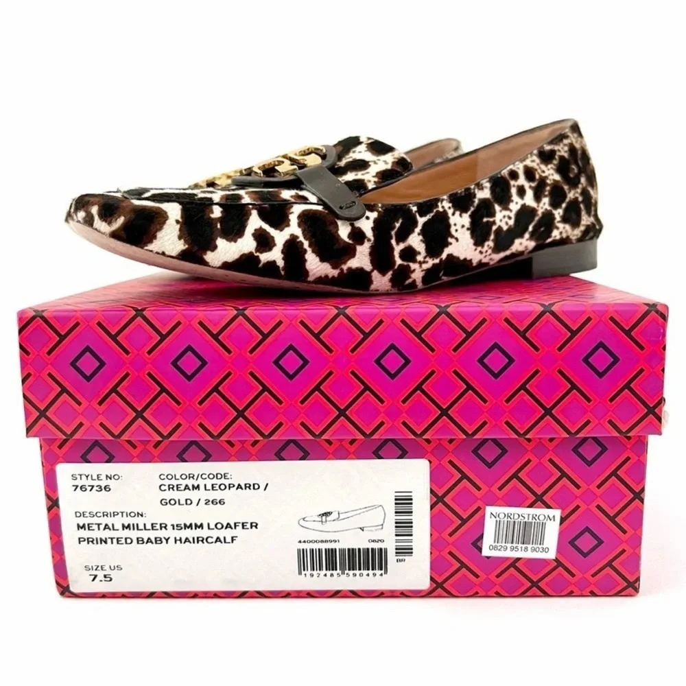 TORY BURCH | Cream Leopard Gold Haircalf Metal Miller Loafers 7.5M